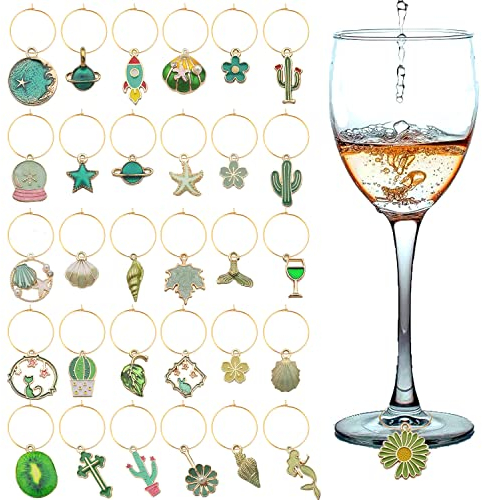 VICDUEKG 31 PCS Weinglas Anhänger Charms, Glas Identifikations Getränke Markierungen Glasmarkierung Thema Strand Getränkemarker Partydekoration für Party Weinglas Wein Cocktail Champagner, Grün