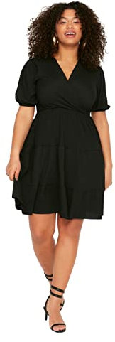 Trendyol Mini Robe Portefeuille Standard Grande Taille, Noir, X-Large Plus Femme