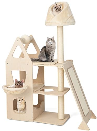 GOPLUS Mehrstöckiger Kratzbaum 155cm, Kletterturm mit Sisalpfosten, Ball, Kratzbrett, Plüschhöhle, Plattformen, gepolsterter Sitzstange & gemütlicher Hängematte, Katzenbaum für Ruhe und Spaß, Beige