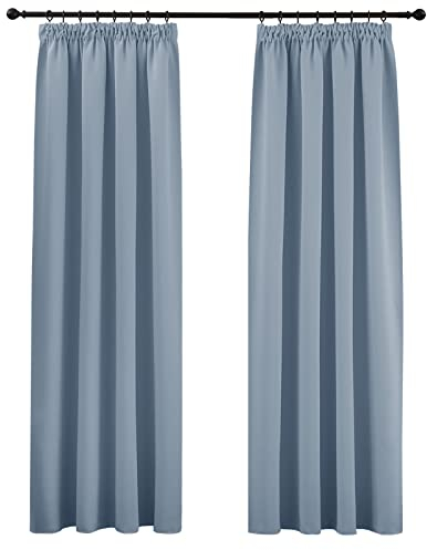 PONY DANCE Kurze Gardinen mit Kräuselband für Schienensystem 2er Set H 175 x B 140 cm Verdunklungsvorhänge Thermovorhang Hitzeschutz Fenster Vorhänge Blichdicht Schlafzimmer, Spa-blau