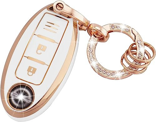 Koaudb Coque de clé de voiture en TPU souple avec porte-clés pour Nissan 350Z Qashqai Murano X-Trail Kicks Tiida Micra Pathfinder Note Juke 3 boutons Coque porte-clés (R-Nisn-3-W)