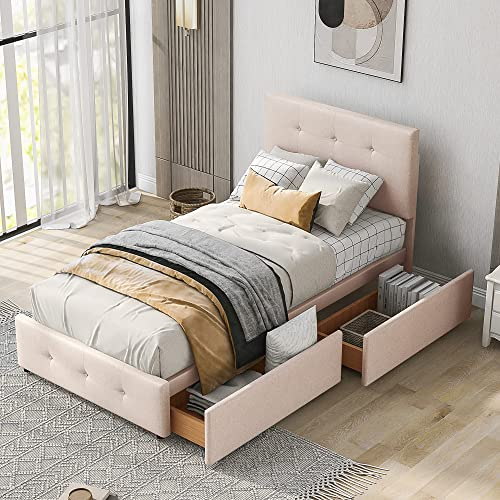 Azkoeesy Polsterbett 90 x 200 cm Kinderbett Jugendbett mit 2 Schubladen und Lattenrost Kopfteil Samt Dunkelbeige