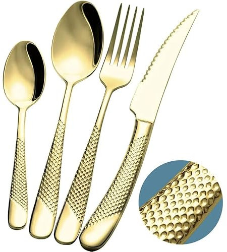 Exeton Luxury Signature 24 PCSCutlery Set, for 6 Persons, Stainless Steel, Silver, Gold, 2-in-1 Steak Knives, Dishwasher Safe (Signature - Gold, 24)