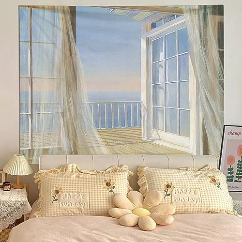 Wandteppich 150X200 Fenster Und Das Meer Wandtuch Aesthetic,Wanddeko Für Schlafzimmer Wohnzimmer Wohnheim,Polyesterfaser Dekorativer Großer Wandbehang,Mehrzweck Wandtuch