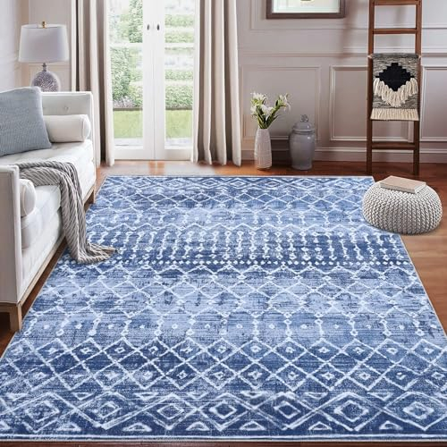 LuxFocus Modern Teppich Geometrisches Muster Boho Teppich für Schlafzimmer Kurzflor Wohnzimmer Maschinenwaschbarer Teppich Bodenbelag Anti-Rutsch Blau 160x230 cm