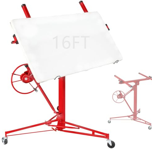 Parts-Diyer 16ft Drywall Panel Hoist with Lockable Wheels Drywall Rolling Lifter with Jack Caster Construction, Red, Red