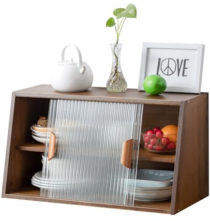 HollyHOME Kleines Bambus-Küchen-Sideboard mit 2 gestreiften Schiebetüren, freistehender Aufbewahrungsschrank für Flaschen, Schalen, Konsole, Essschrank, Walnuss