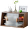 HollyHOME Kleines Bambus-Küchen-Sideboard mit 2 gestreiften Schiebetüren, freistehender Aufbewahrungsschrank für Flaschen, Schalen, Konsole, Essschrank, Walnuss