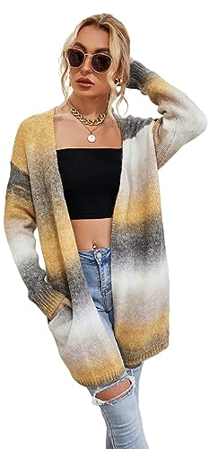 HEYPORK Damen Herbst Winter Warm Bequem Jacke Casual Mode übergangsjacke Mantel Frauen Pullover Regenbogen Mittlere Länge Strickjacke Tasche Gestrickt Jacke(A Braun, M)