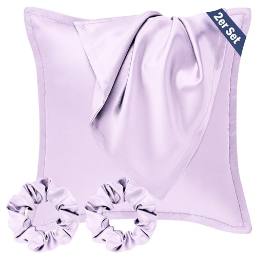 Seiwohl Satin Kissenbezug 80x80 2er Set, Weich wie Seidenkissenbezug Silk Pillowcase, Vegane Seide Kopfkissenbezug Kissenhülle Seidenkopfkissen für Haar und Haut mit Haargummis, Lavendel