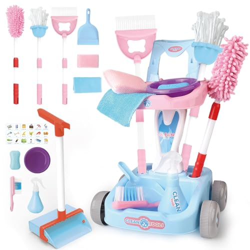 deAO Ensemble de Nettoyage pour Enfants 14 pièces Jeu de Simulation Chariot de ménage détachable avec Balai, bac à poussière, Vaporisateur Outils de Nettoyage de Maison pour Enfants Jouets