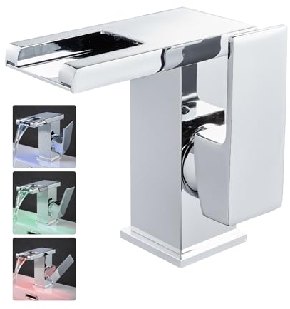 OUGOO Edelstahl LED Bad Wasserfall Wasserhahn, Wasserbetrieben, RGB 3 Farbwechsel Waschtischmischer mit Temperatursensor, Chrom Einhebelmischer, keine Batterie erforderlich