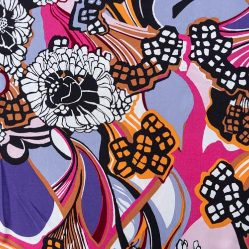 SCHÖNER LEBEN. Viskose Popeline Stoff Retro Blumen lila bunt 1,44m Breite