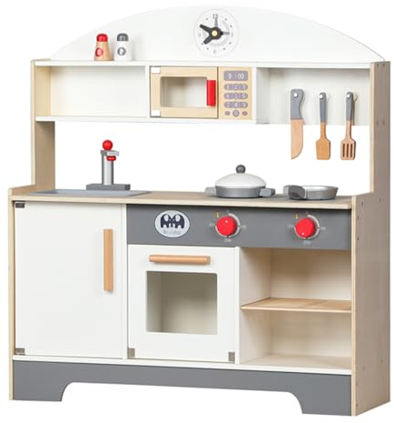 XJD Cocina Infantil Juego de Cocina de Madera con Accesorios, Cocina de Barro Infantil al Aire Libre para Niños a Partir de 3 Años, Cocina de Muñecas con Microondas, Horno, Accesorios(Gris Simple)