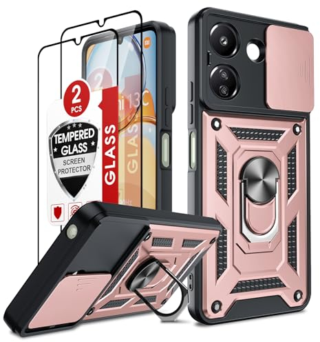 LeYi Cover per Redmi 13C 4G (Non 5G) con Vetro Temperato [2 Pack], Custodia con Protezione Fotocamera [Slidable] Antiurto Militare 360° Anello Supporto TPU Bumper Antiurto Case Xiaomi Redmi 13 C, Rosa