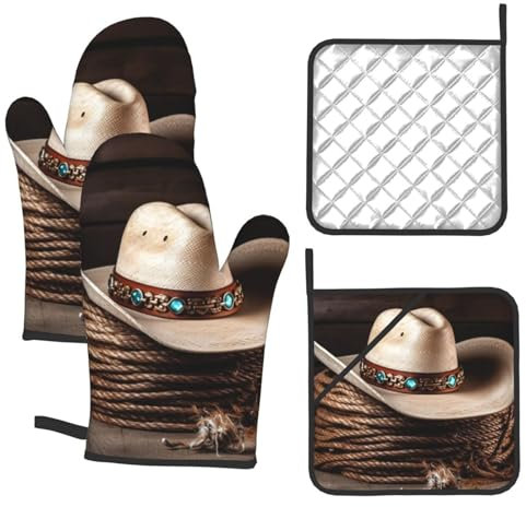 Ofenhandschuhe und Topflappen, Set mit 4 Ofenhandschuhen, amerikanischer West, Rodeo-Hut, bedruckt, widerstandsfähig, Topflappen für Küche, Kochen, Backen, Grillen