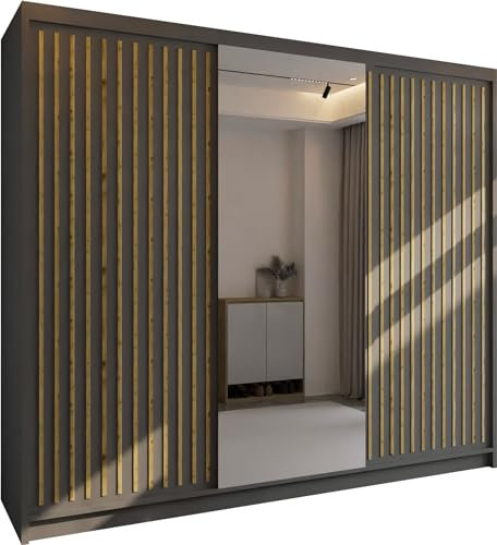 MN Furniture Roni Wide Wardrobe with Hanging Rails, Shelves and Drawers, Freestanding Closet Cabinet and Wardrobe with Sliding Mirror Doors for Bedroom (Grey, 250cm)