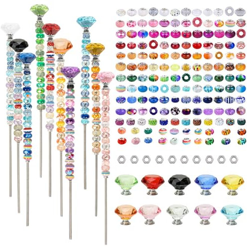 Dekorative Feenstäbe mit Perlen für den Garten, 10 Kristall-Stopper, 160 runde Perlen, 10 Gewindestangen mit Sechskantmuttern (10, Pfahl-01)