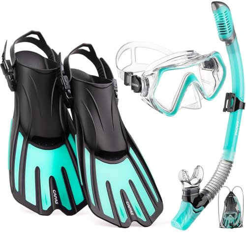 CAPAS Snorkel Mask Fins Set, Travel Size Snorkeling Gear for Adults with Short Adjustable Swim Fins, High Resistant Scuba Diving Mask and Dry Top Snorkel, Come with a Carrying Bag (Green-Black, S-M)