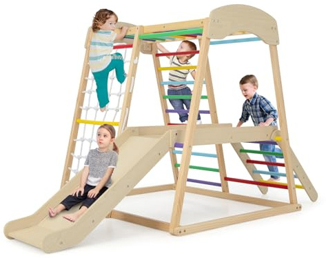 GYMAX Struttura da Arrampicata per Bambini 6 in 1, Parco Giochi in Legno con Scivolo, Pannello e Rete da Arrampicata, Grande Gruppo di Giochi Montessori con Accessori (Colorato, 205 x 112 x 120 cm)