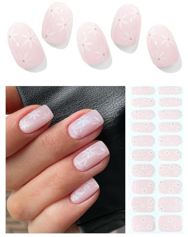 AutyaMee Semi Cured Gel Nail Strips (Pink & White Flower), 20 Pcs Gel Nail Wraps, Stickers, UV Light Required, Salon Quality, Long Lasting