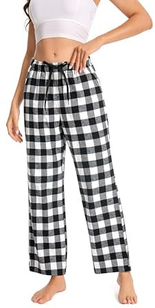 Cyathea Schlafanzughose Damen 100% Baumwolle Flannel Pyjamahose Kariert Loungehose mit Taschen Nachtwäsche Unterteil Schlafhose Weich für Frauen Verstellbaren Tunnelzugbund Schwarz KariertXXS