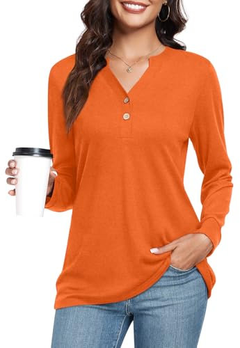 CATHY Womens Long Sleeve Tops Button Up V-Neck Henley Shirts Dressy Casual Tunic Blouses, XL, Orange