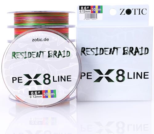 Zotic Resident Braid PE X4/X8-4-fach/8-fach geflochtene Angelschnur für Baitcaster u. Spinnrute, Profi Angelzubehör, Raubfisch, Angelsehne, 100m 150m 300m (X8 Multicolor, 150m - 0.14mm - 6.5kg)