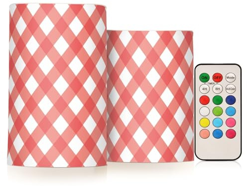 Lot de 2 bougies sans flamme à carreaux rouges et blancs avec télécommande - Lumières LED lumineuses pour Halloween - Fonctionnement à piles