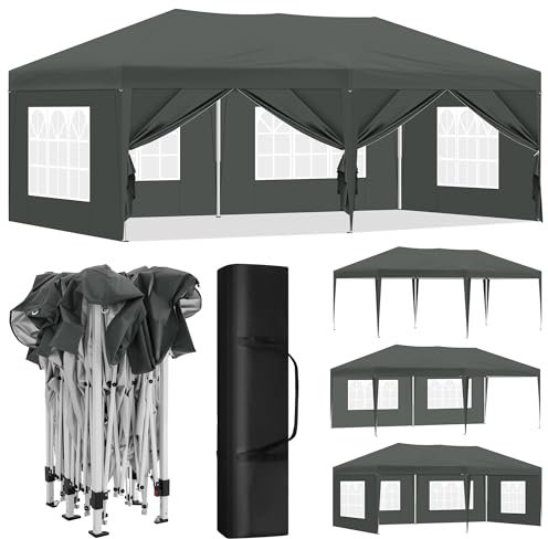 Laneetal Gazebo de Jardín 3x6 m, Carpa Plegable e Impermeable, Pergola Jardín Marco Metalico, Pabellón Cenador para Camping y Fiestas, 6 Paredes Laterales y 4 Ventanas, Antracita