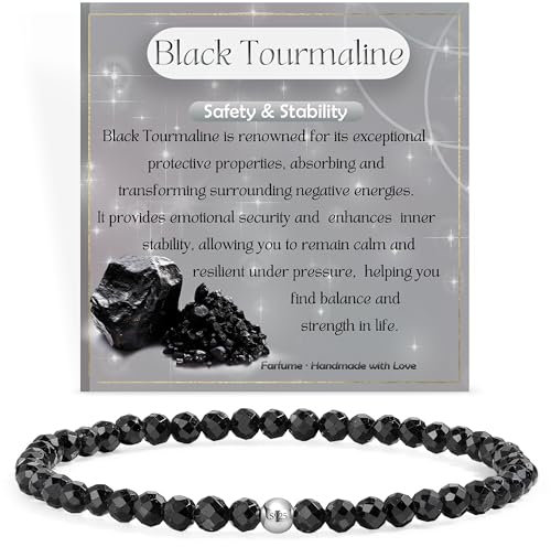 Schwarzer Turmalin - Sicherheit & Stabilität - Edelstein Perlen Armband für Frauen, 4mm Kristall Silber 925 Naturstein Schmuck Elastisch Armbänder Damen, Chakra Spirituelle Charms Armbänder Geschenke