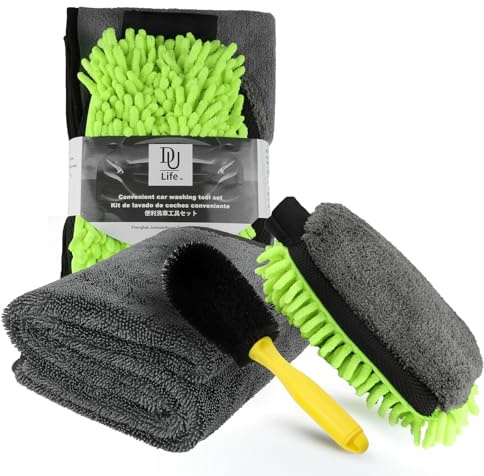 DU Life Auto Waschen Set 4-teilig - Auto Reinigungsset mit 2 Mikrofaser-Serpillern, 3-in-1 Multifunktions-Waschhandschuh & Radbürste, für Gründliche Reinigung von Fahrzeug/Velo