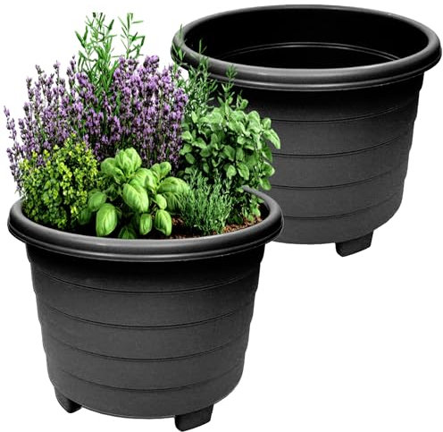 SIDSONS Plastic Plant Pots Flower Pot No Drainage Holes, Garden Planters Round Plant Containers for Home, Garden Flower Pots, Ideal For Indoor & Outdoor Use Sleek Black 39cm Set of 2