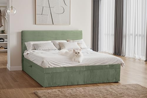 Kaiser Möbel - Bett 120x200 cm, Boxspringbett mit Bettkasten und Topper, Cord Schlafzimmerbett, Doppelbett mit Stauraum und Gepolstertes Kopfteil, Toppermatratze aus Viscoschaum - Trento - Olive