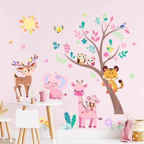 Supzone Pegatinas de Pared Animales de la Jungla Decorativos Elefante Tigre Jirafa Vinilo Adhesivo pared Infantil Bebé Guardería Niños Habitacion (Rosa)