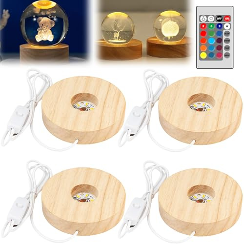 GOMETY 4 Stück Runde LED Sockel, 10*2 cm Weiß LED Ausstellungsstand Lampesockel, 7 Farbige Holz LEDLichtsockel Mit Fernbedienung, Runde Holz Leuchtsockel Für Kristallkugeln, Glas Und Harz