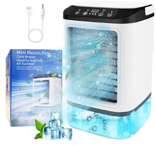 4-in-1 Mini Portable Air Conditioner, USB 4 in 1 Tragbare Mobile Klimagerät mit 900ml Wassetank & Eisbox und 7 Farben Nachtlicht, 3 Geschwindigkeiten Leise Mini Luftkühler für Hause, Büro