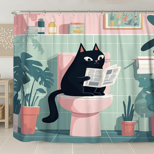 Cartoon-Katzen-Duschvorhang, Katzen-Lesung im Badezimmer, lustig, modern, minimalistisch, wasserdicht, Stoff-Duschvorhang für Frühling, Sommer, Zuhause, inklusive Haken, 274 x 183 cm