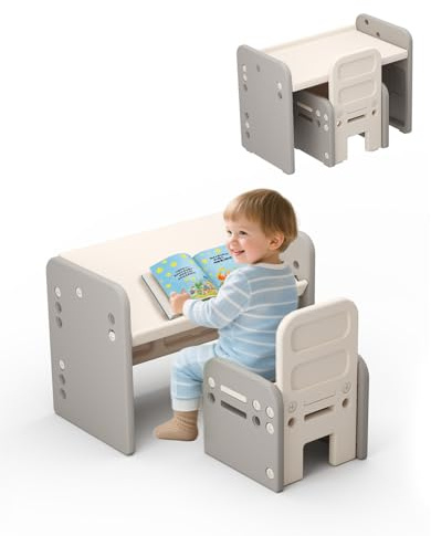 hoopyosms Kindertisch und Stuhl Set für Kinder, Aktivitätstisch mit Geneigter Tischplatte zum Malen, Lesen, Schreiben und Spielen(Grau)