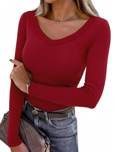 Aottori Womens Long Sleeve Tops V Neck Basic T Shirts Ladies Ribbed Knit Pullover Tee Shirt Elegant Slim Fitted Solid Cotton Casual Tunic Top Red M