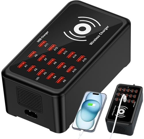 Multiple USB Charger Station | Tablet Charging Hub - 100W Portable Smart Wireless 15-Port Charger Station for Phone Headphones Laptop Tablet Home