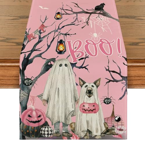 BSITSSS Halloween Tischläufer Rosa 183 x 33 cm, Geist Boo Halloween Tischdeko, Phantom Kürbis Abgestorbene Äste Tischläufer Modern für Saisonnal Küche Tisch Dekoration Drinnen Urlaub Party Dekor