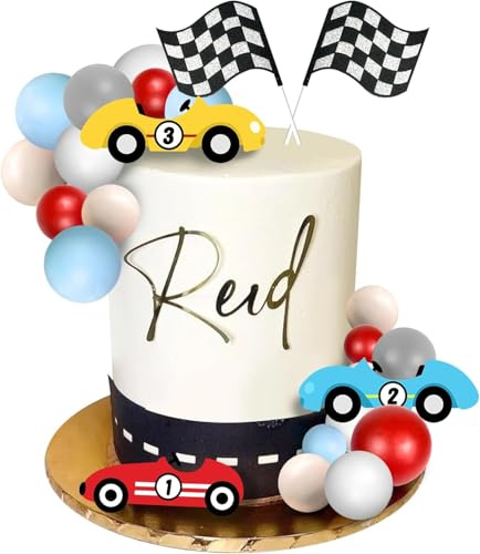 Tortendeko Auto 25 Stück Kuchendeko Rennauto Torten Deko Kugeln Karierte Flagge Auto Cake Topper Kuchendekoration für Geburtstag, Babyshower, Theme Party
