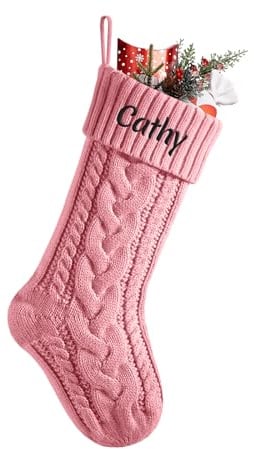 Cysincos Weihnachtsstrumpf Personalisiert Name 46cm große gestrickte Christmas Stockings Nikolausstrumpf hängende Familie Weihnachtsstrümpfe für Party Weihnachten Deko (Rosa)