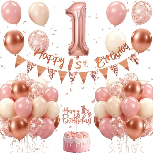 1. Geburtstag Deko Roségold, Luftballon Deko 1. Geburtstag für Jungen und Mädchen, Rosé gold Vintage-Rosa Rose-gold-Pailletten Luftballons Girlande mit Tortendeko für Geburtstagsdeko 1 Jahr