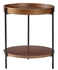 Modern 2-Tier Round Side Table, Nordic Style Wood-Grain Tray End Table with Metal Frame, Sofa Side Table for Living Room (Walnut)