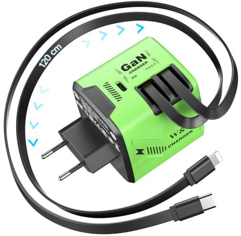 60W USB C Ladegerät mit 1,2m Einziehbarem Kabel, 3-in-1 Retractable Charger | GaN Charger Schnellladegerät Wandladegerät mit Typ C & 8-Pin Ladekabel für iPhone 17/16/15, iPads, Galaxy S25 S24, Tablet usw