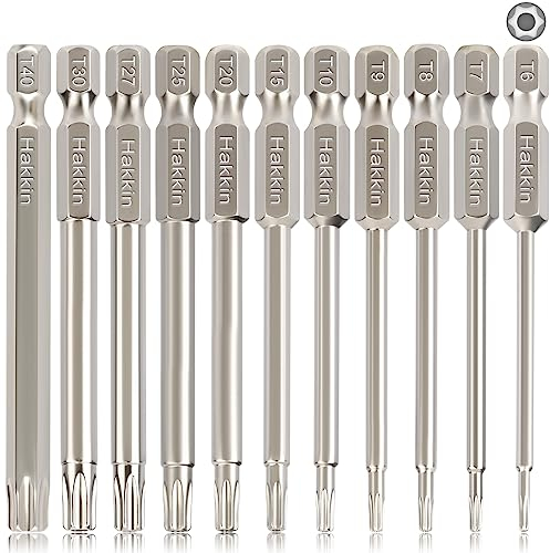 Torx Bit Set Hakkin 11Pcs Torx Screwdriver Sets 75mm Tamper Proof Torx Security Bit Set S2 Steel Magnetic Star Bits Set 1/4 Hex Shank for Impact Drill T6 T7 T8 T9 T10 T15 T20 T25 T27 T30 T40