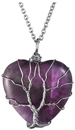 JOVIVI Amethyst Heart Tree of Life Crystal Necklace Women Healing Purple Heart Stone Wire Wrapped Pendant Necklace Amethyst Jewellery Gifts