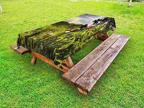 ABAKUHAUS Wald Outdoor-Tischdecke, Landwirtschaftliche Landschaft Costa Rica, dekorative waschbare Picknick-Tischdecke, 145 x 265 cm, Grün, Rot, Violett Blau